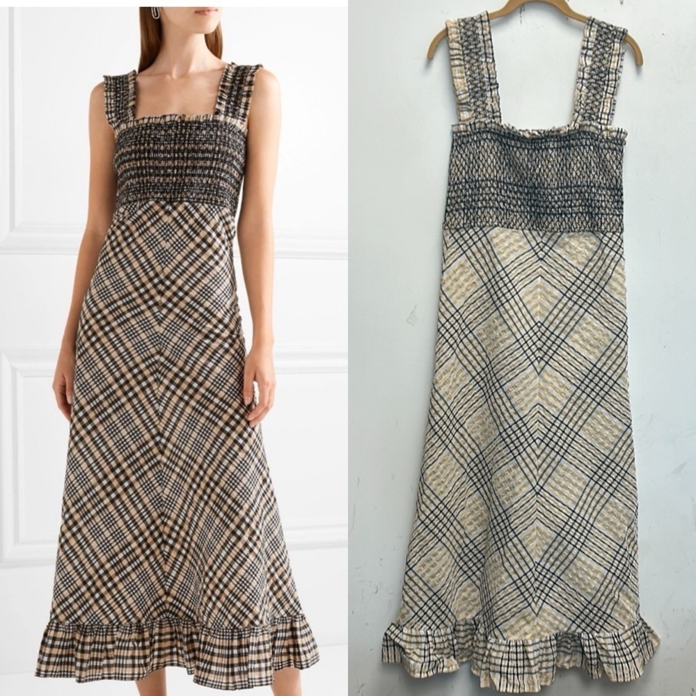 GANNI seersucker shirred sleeveless maxi dress